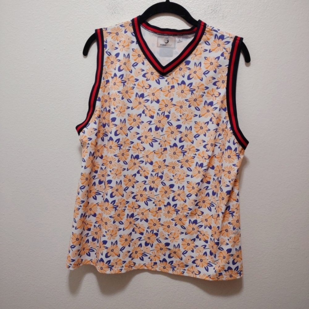 Foray Golf White & Orange Floral V Neck Tank Top Size XL